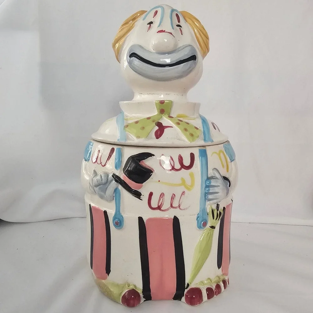 Vintage Japan Ceramic Clown Cookie Jar Circus Mid Century MCM Figural 10.5